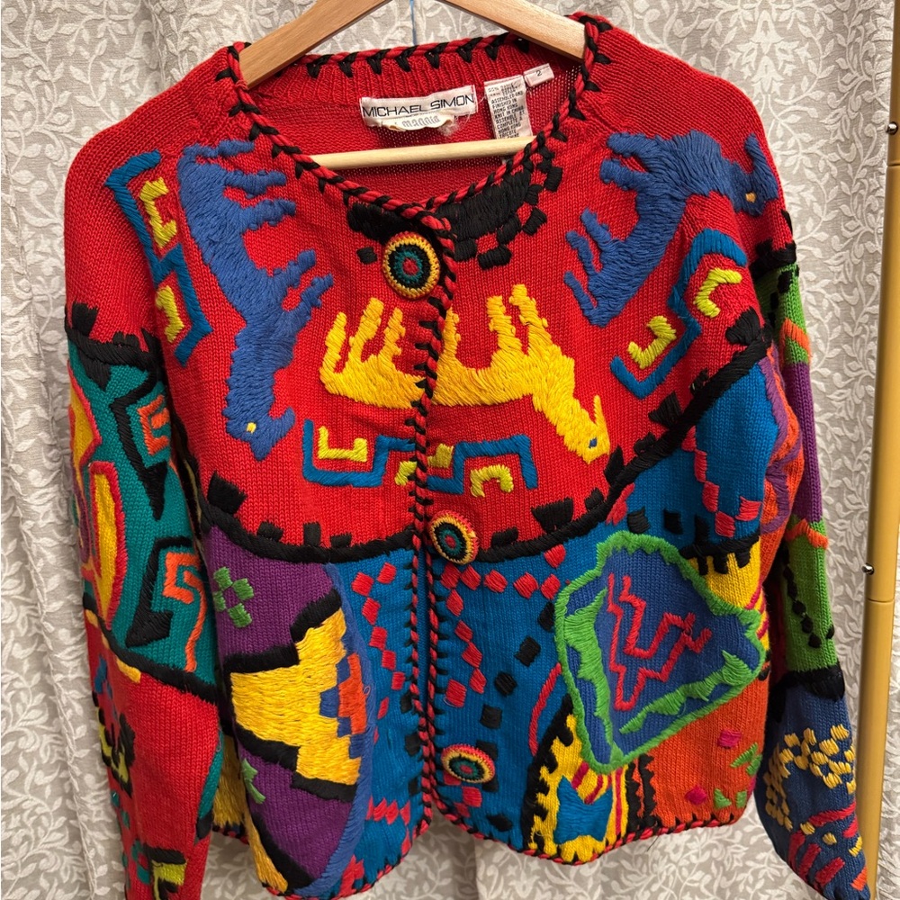 Michael Simon Colorful Vibrant Red and Black Llama Aztec Knit Sweater